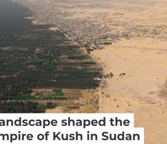 Jebel Barkal mesa and the archaeological site at its base in the Nile Valley. Sami Elamin